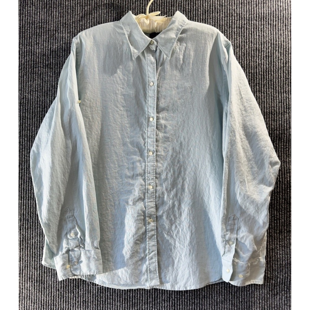 Lauren Ralph Lauren Women's Linen Blue Roll Tab Sleeve LRL Button Up Shirt XL